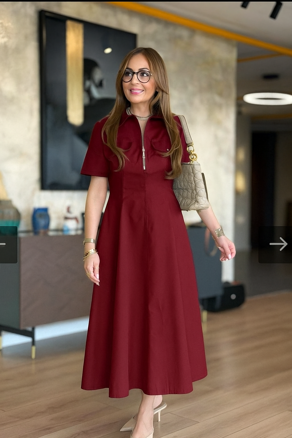 Elegant Zip-Front Midi Shirt Dress - 00140