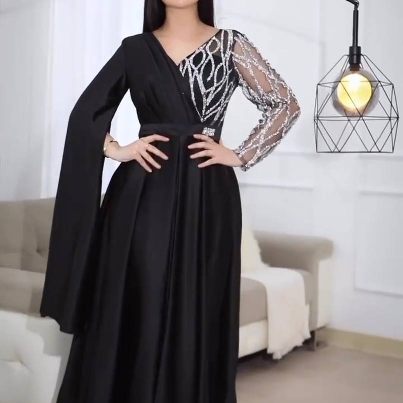 Eightale Ankle Length Black A Line Satin Evening Dress Lace Sequined Women Formal Kaftan Party Dress - 00032