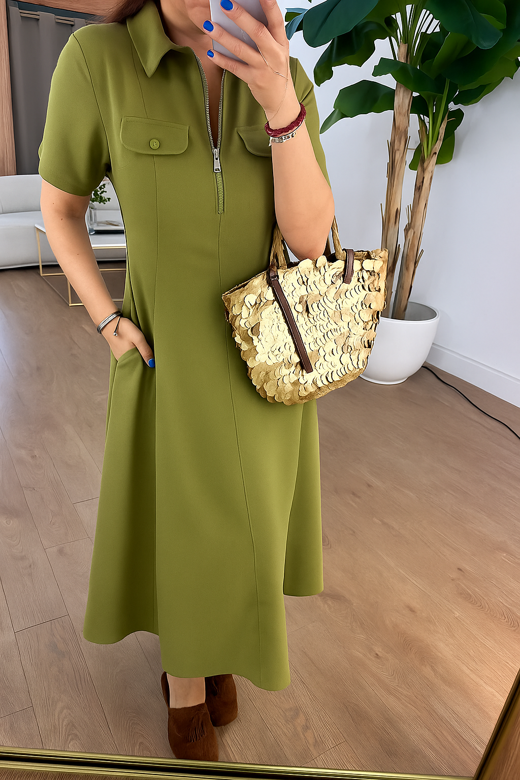 Elegant Polo Midi Dress with Front Zipper - 00142