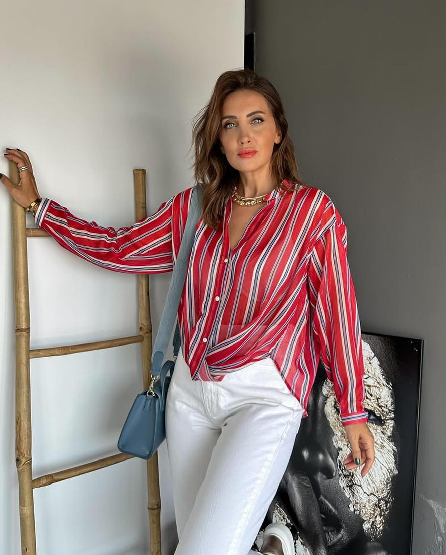 Kırmızı çizgili Simli Gömlek - G00054