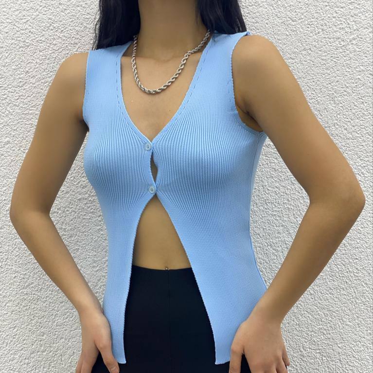 Buttoned Cardigan Retro Crochet Knit Sleeveless Blouse - BL00006