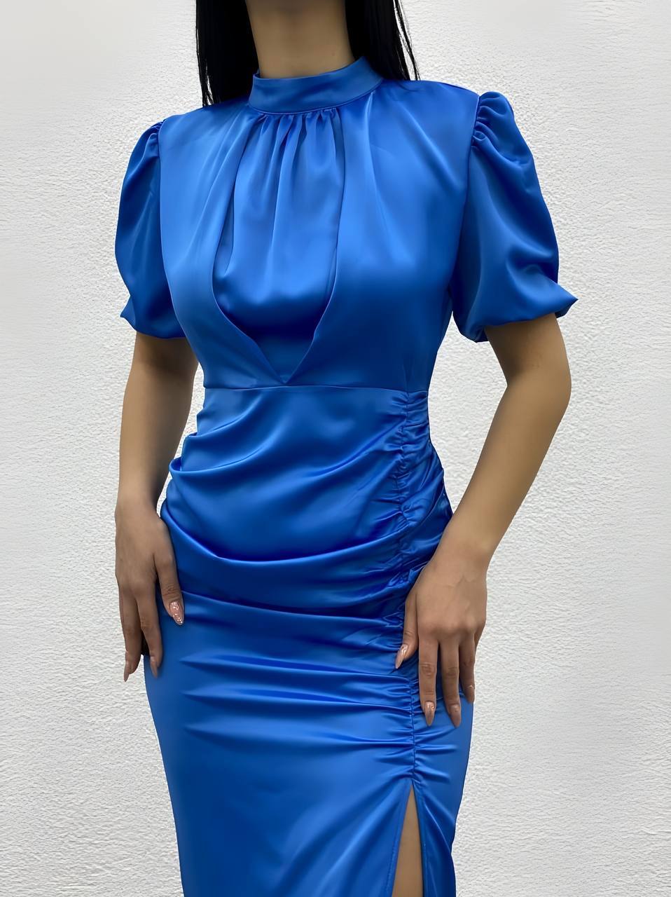 Blue Satin Balloon Sleeve Draped Slit Detail Dress - 00002