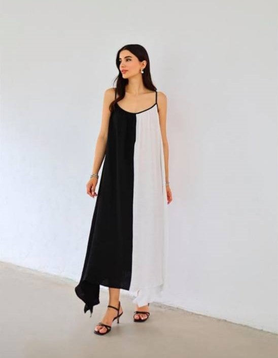 Black and White Long Strappy Thin Summer Dress - 00086