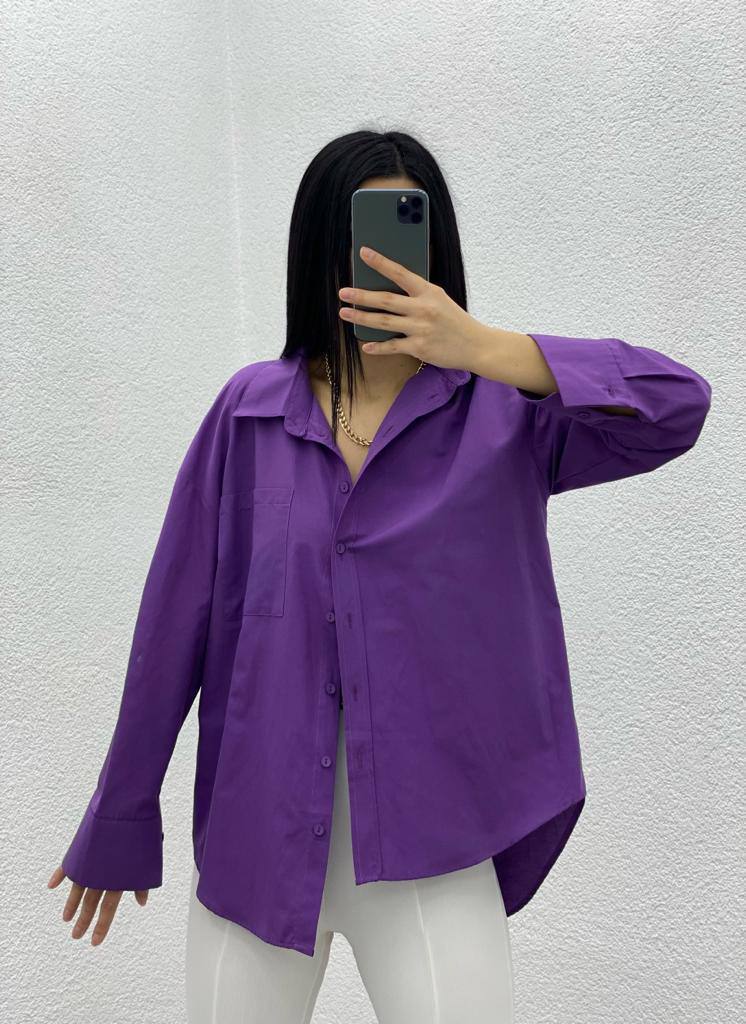 Oversize Balloon Sleeve Pleated Detail Long Basic Women's Shirt - G00021