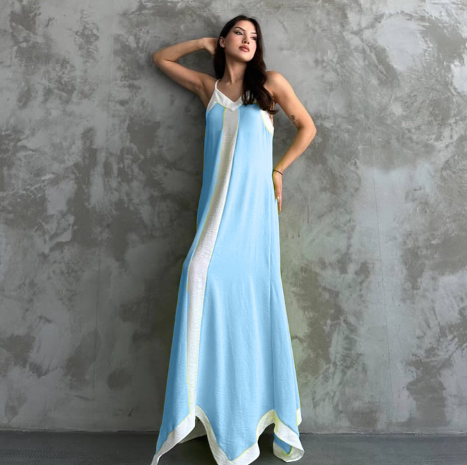 V Neck Asymmetrical Dress - Adjustable Rope Strap - 00087