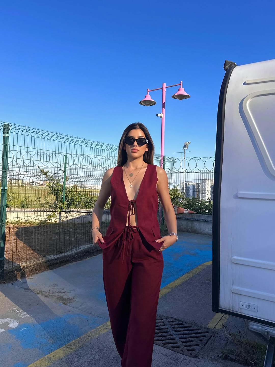 Chic Linen Two-Piece Set – Brown & Burgundy - TK00086