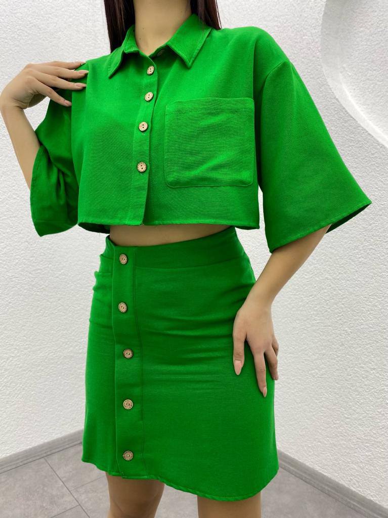 Linen Skirt and Shirt Button Detail Shirt Skirt Set - TK00010
