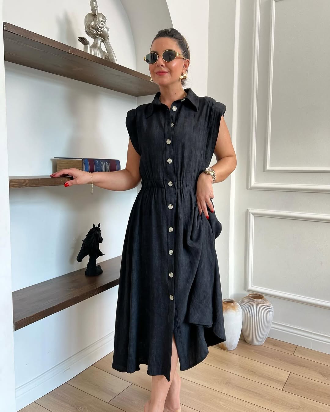 Linen Dress with Elastic Waist and Button-Down Front - 00153