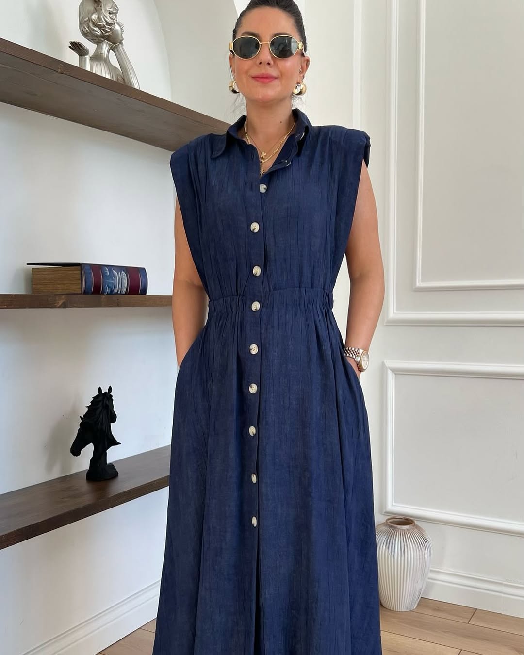 Linen Dress with Elastic Waist and Button-Down Front - 00153