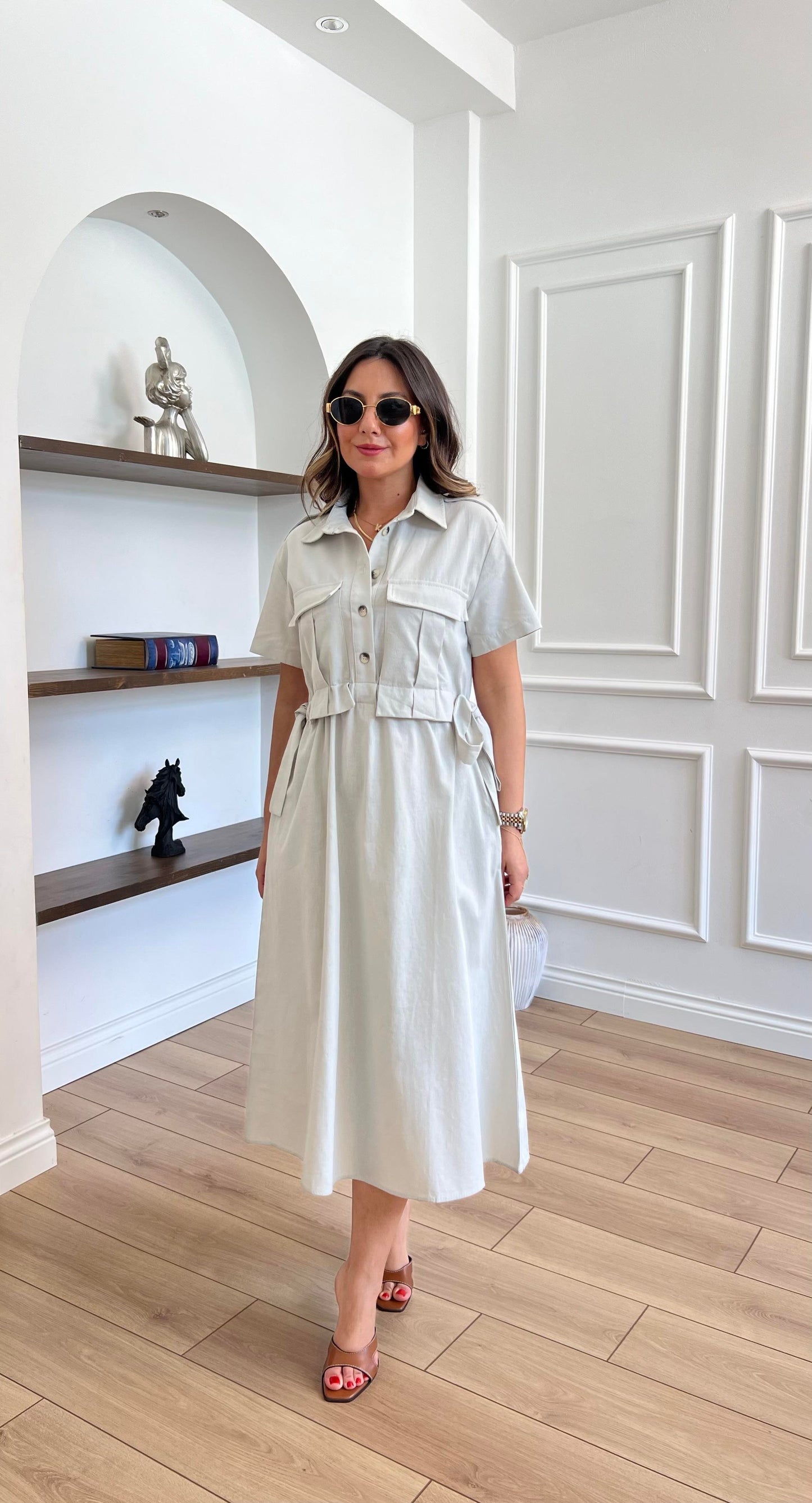 Belted Linen Cargo Pocket Midi Dress - 00158