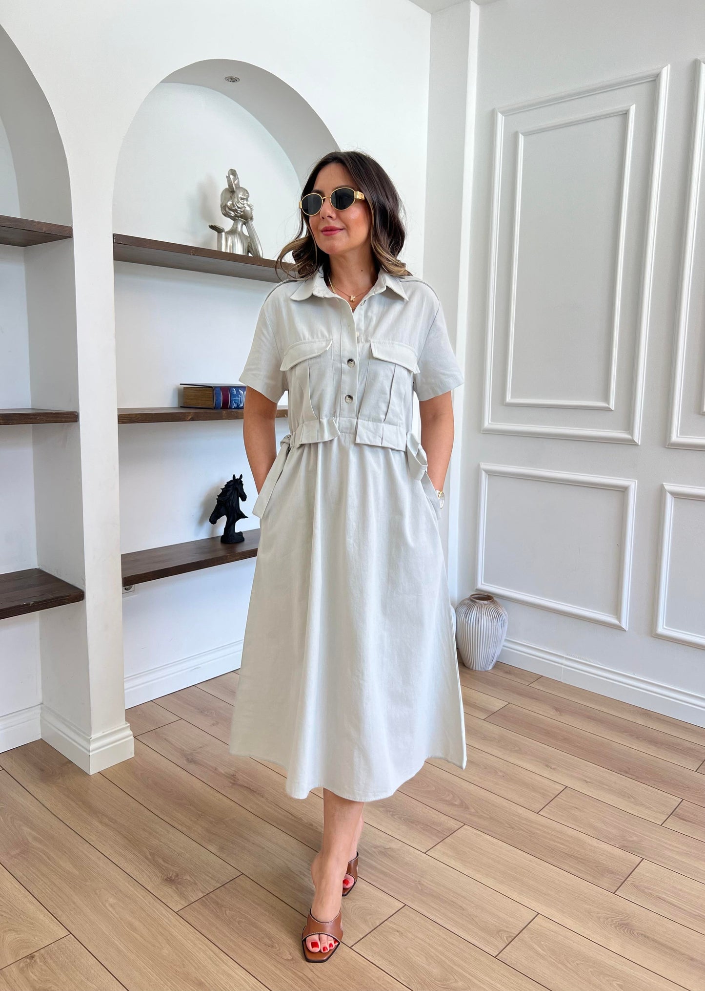 Belted Linen Cargo Pocket Midi Dress - 00158
