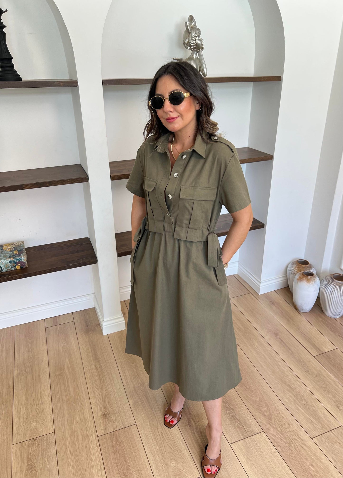 Belted Linen Cargo Pocket Midi Dress - 00158