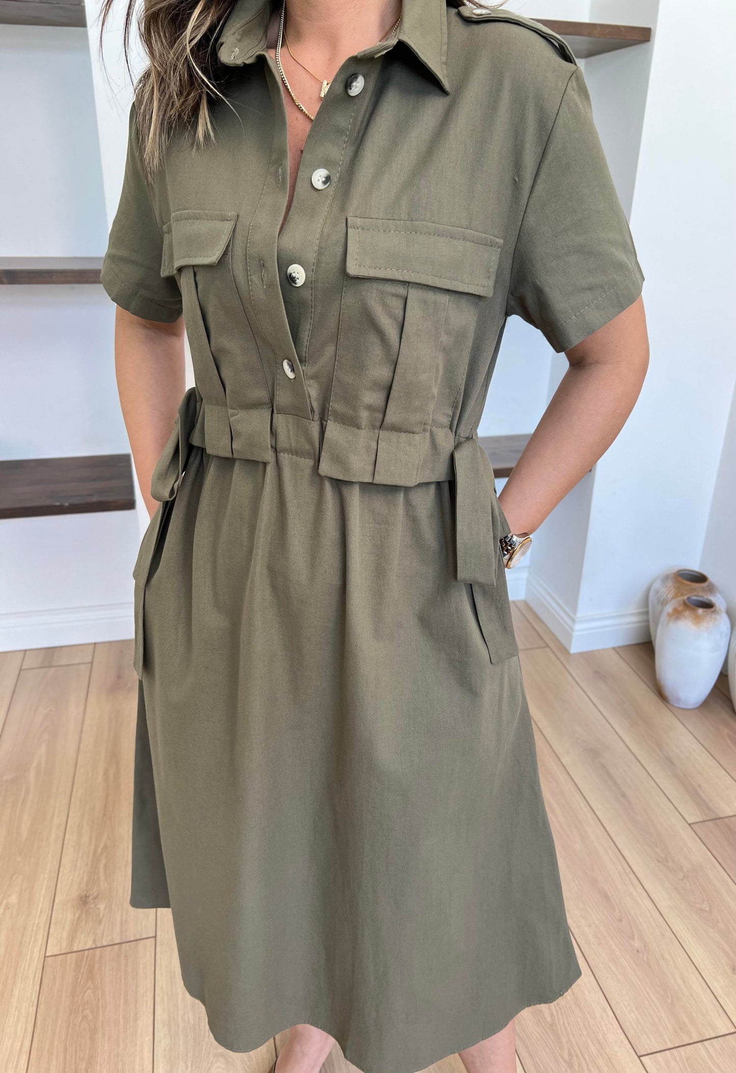 Belted Linen Cargo Pocket Midi Dress - 00158