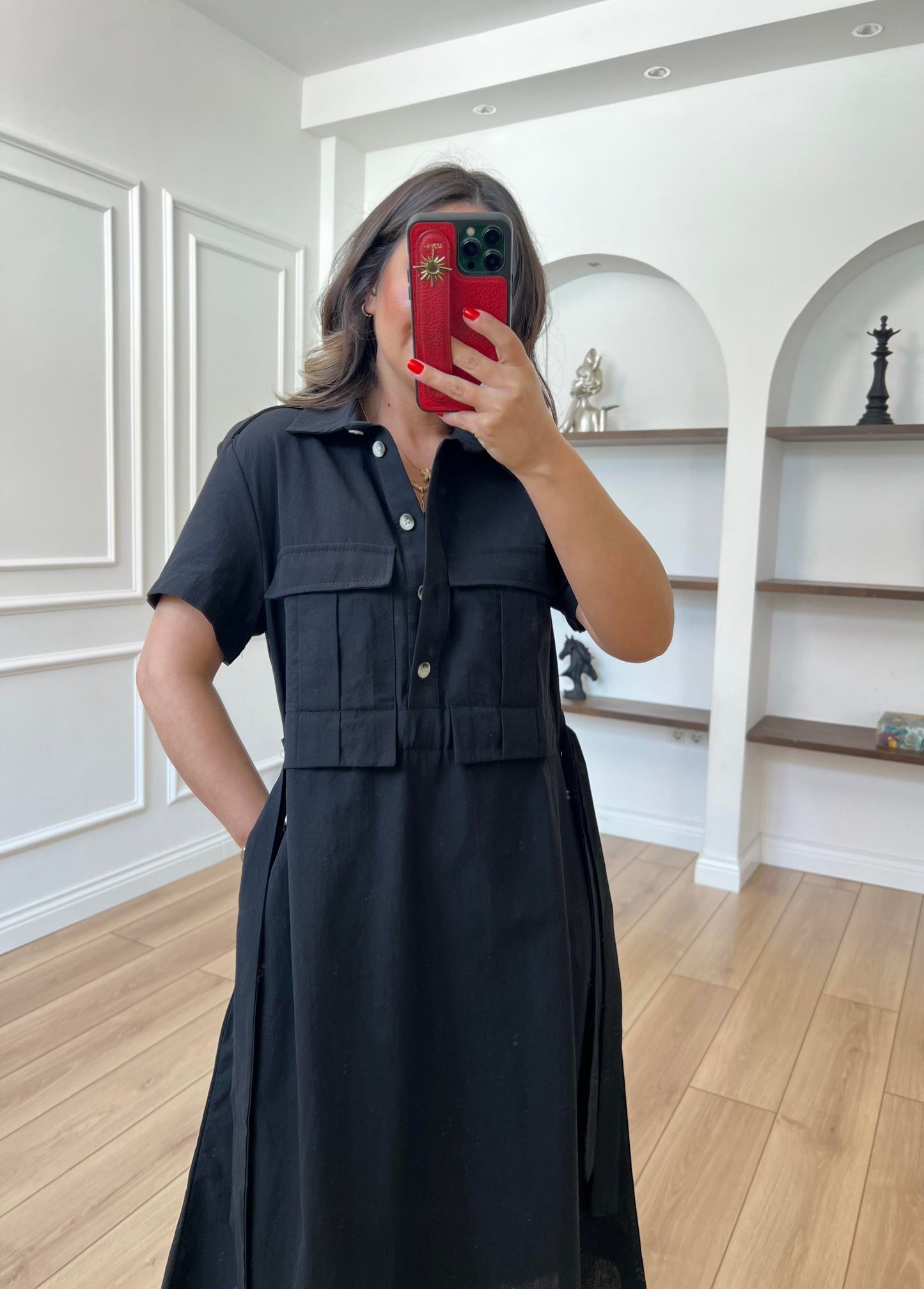 Belted Linen Cargo Pocket Midi Dress - 00158