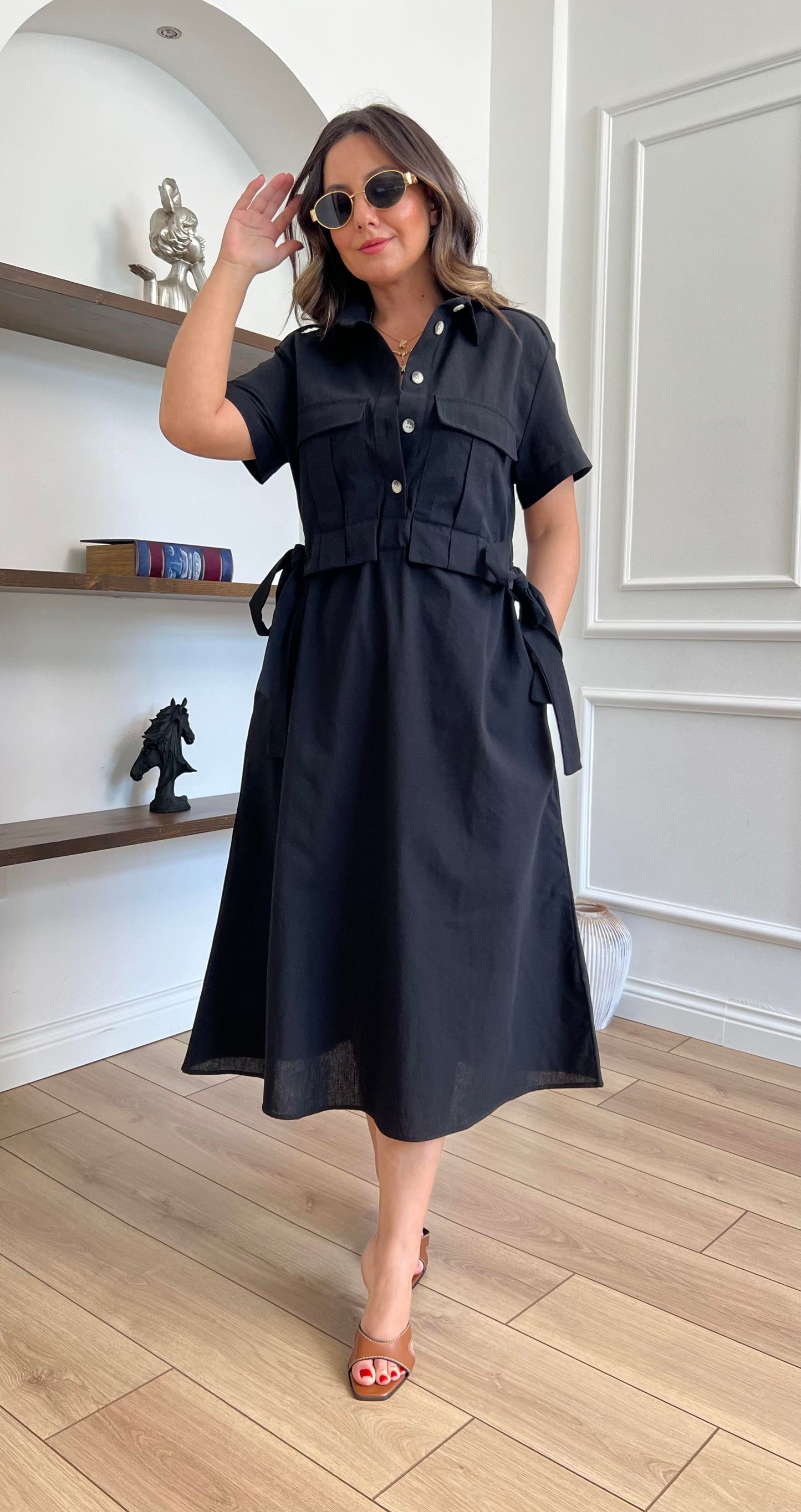 Belted Linen Cargo Pocket Midi Dress - 00158
