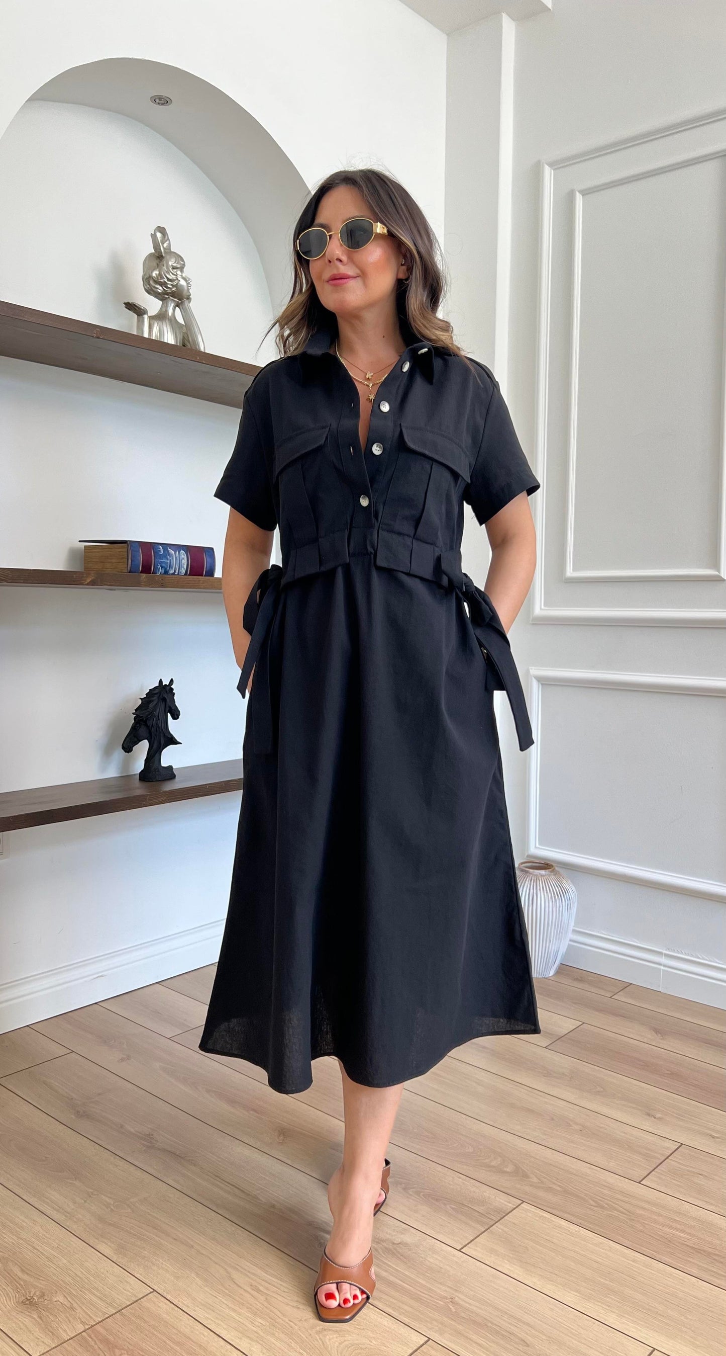 Belted Linen Cargo Pocket Midi Dress - 00158