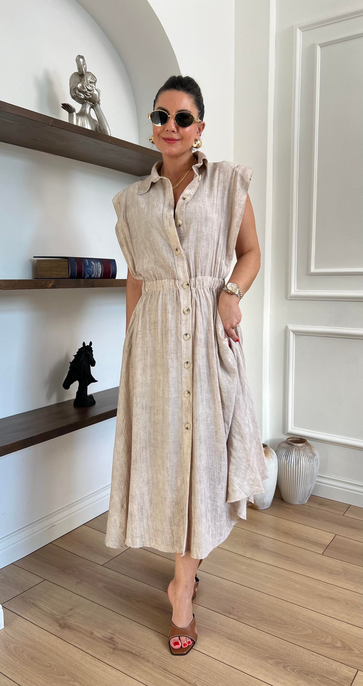 Linen Dress with Elastic Waist and Button-Down Front - 00153