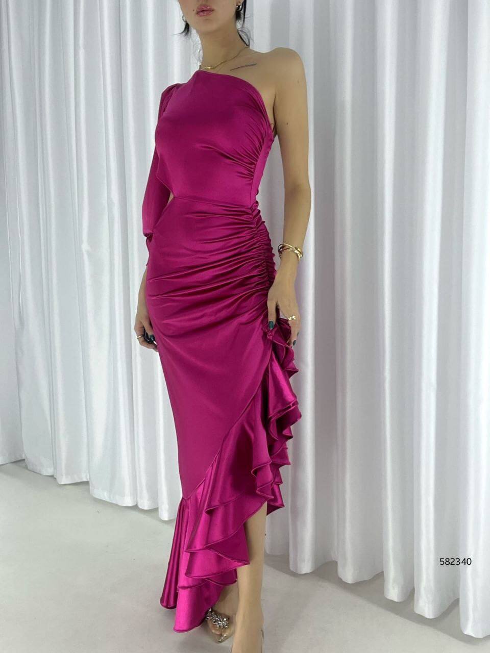 Asymmetrical Cut Satin Fabric Ruffle Detail Single Sleeve Evening Dress - 00024