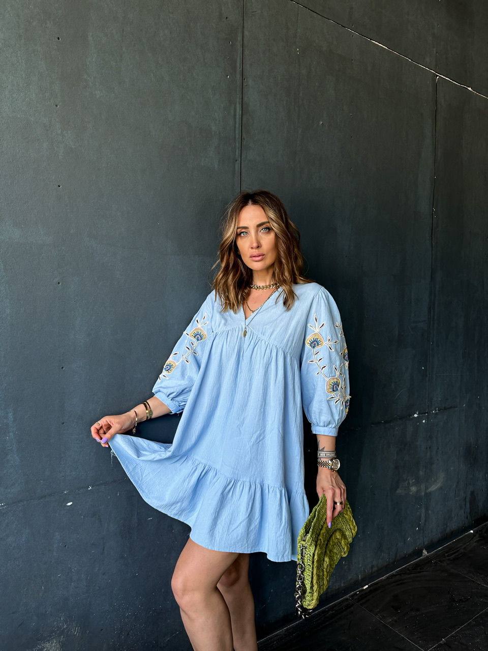 Blue Linen Dress with Embroidered Sleeves - 00077