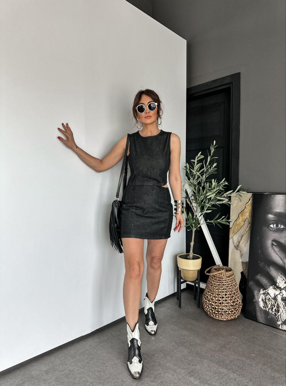 Anthracite Window Detailed Denim Dress - 00108