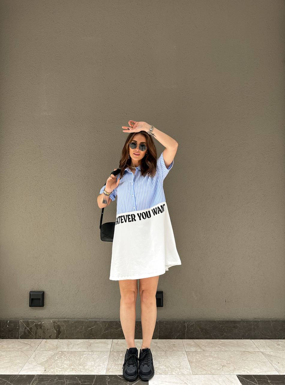 Slogan Printed Shirt Dress - 00114