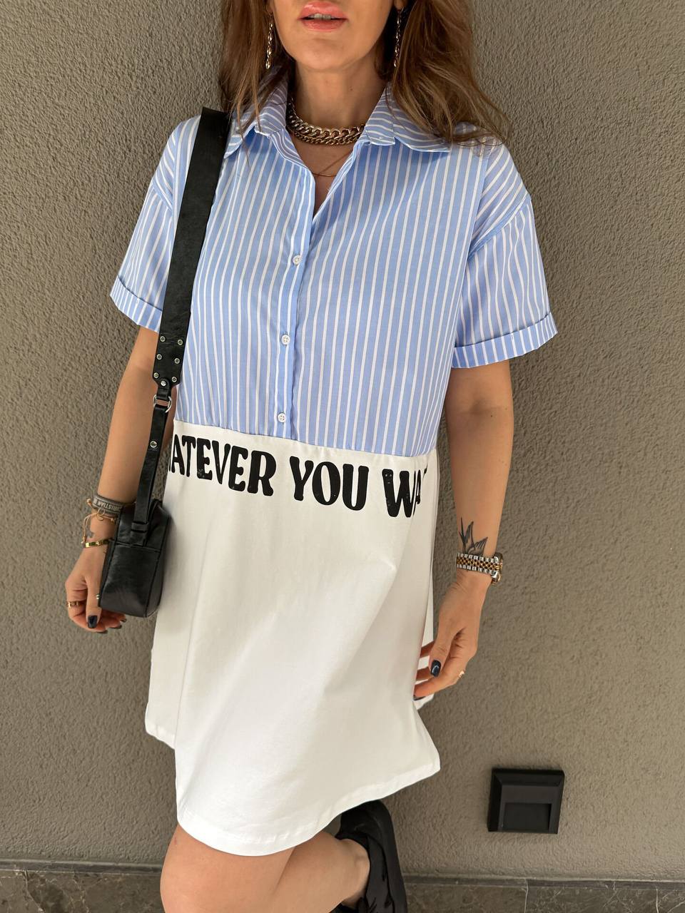 Slogan Printed Shirt Dress - 00114