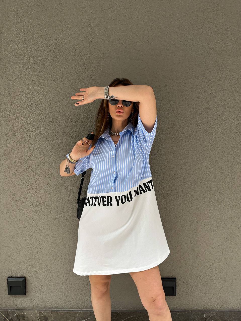 Slogan Printed Shirt Dress - 00114