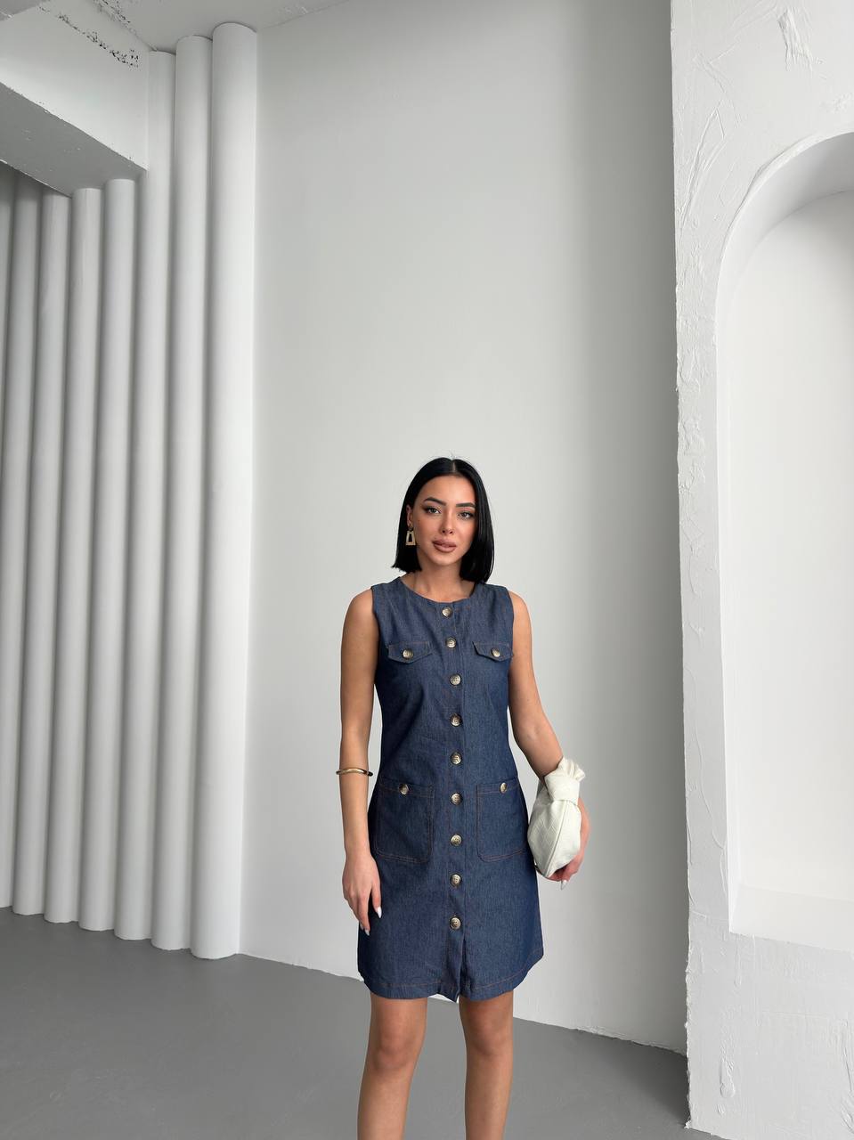 Sleeveless Button-Down Denim Dress - 00136