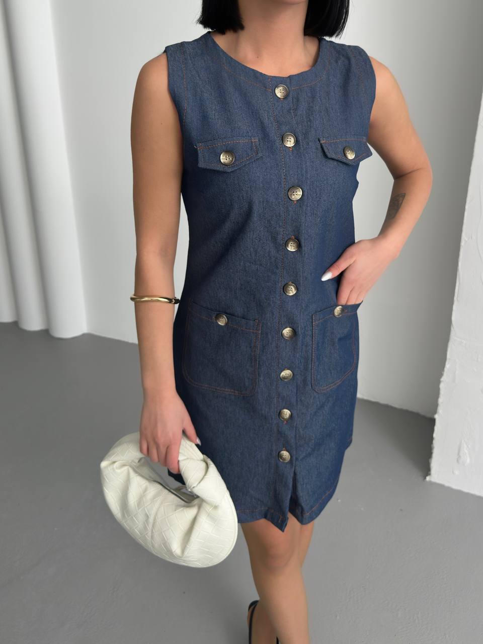 Sleeveless Button-Down Denim Dress - 00136