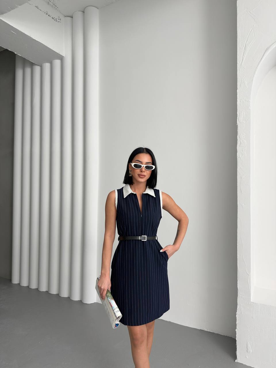 Sleeveless Pinstripe Shirt Dress with Belt – 00138