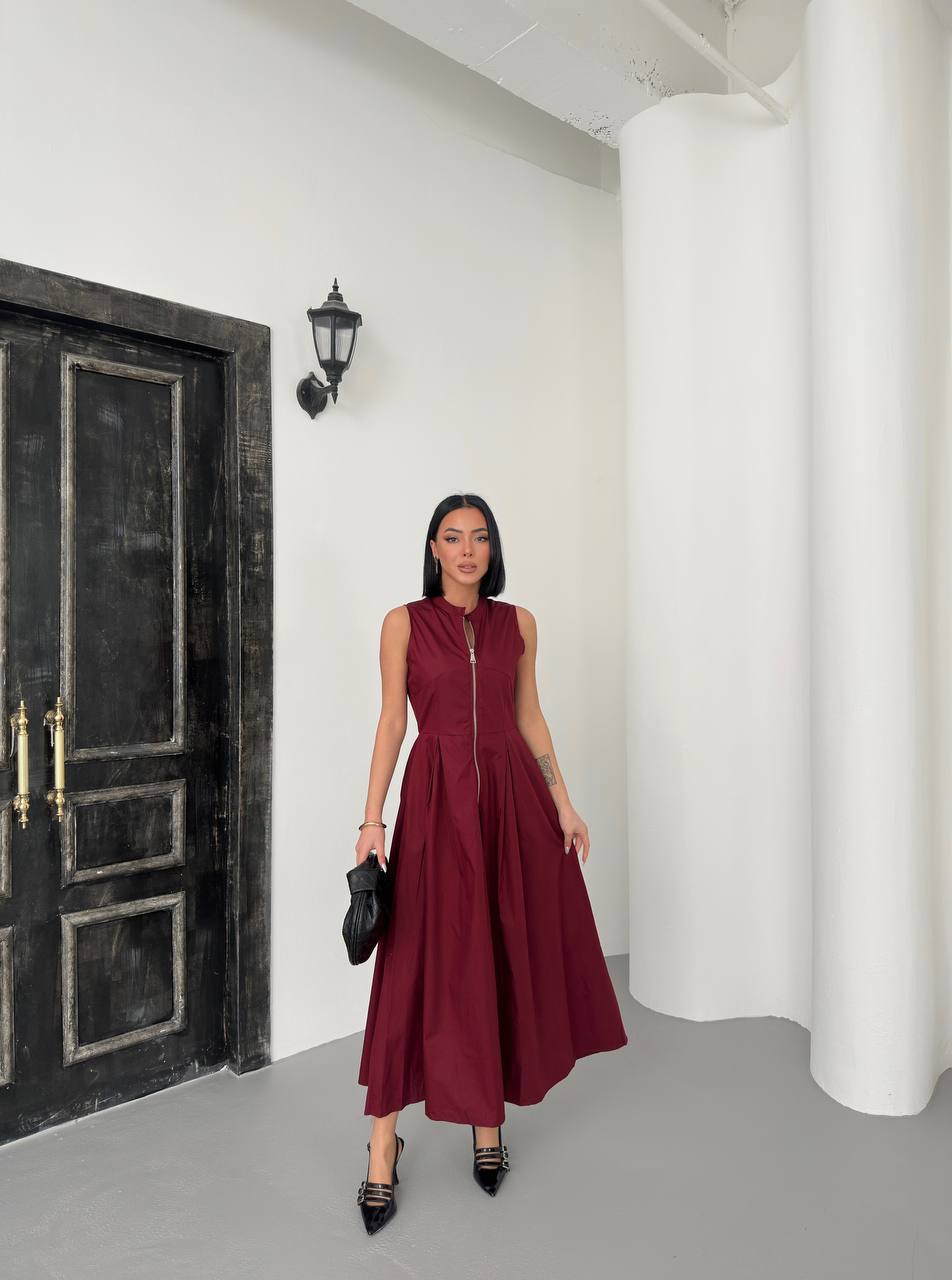 Sleeveless A-Line Midi Dress with Front Zipper