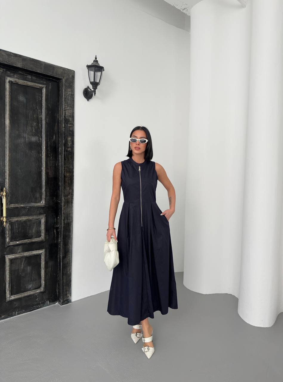 Sleeveless A-Line Midi Dress with Front Zipper