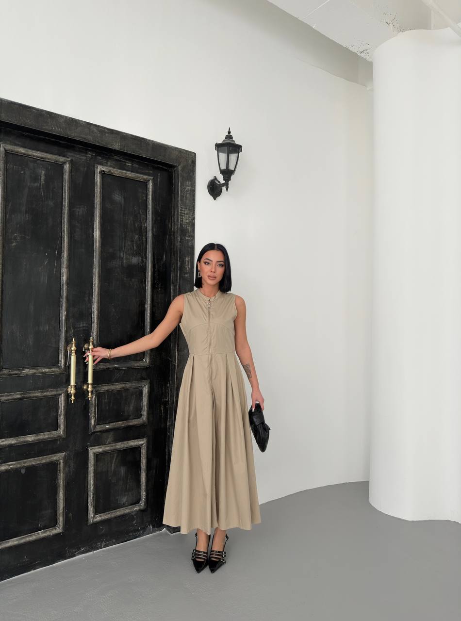 Sleeveless A-Line Midi Dress with Front Zipper