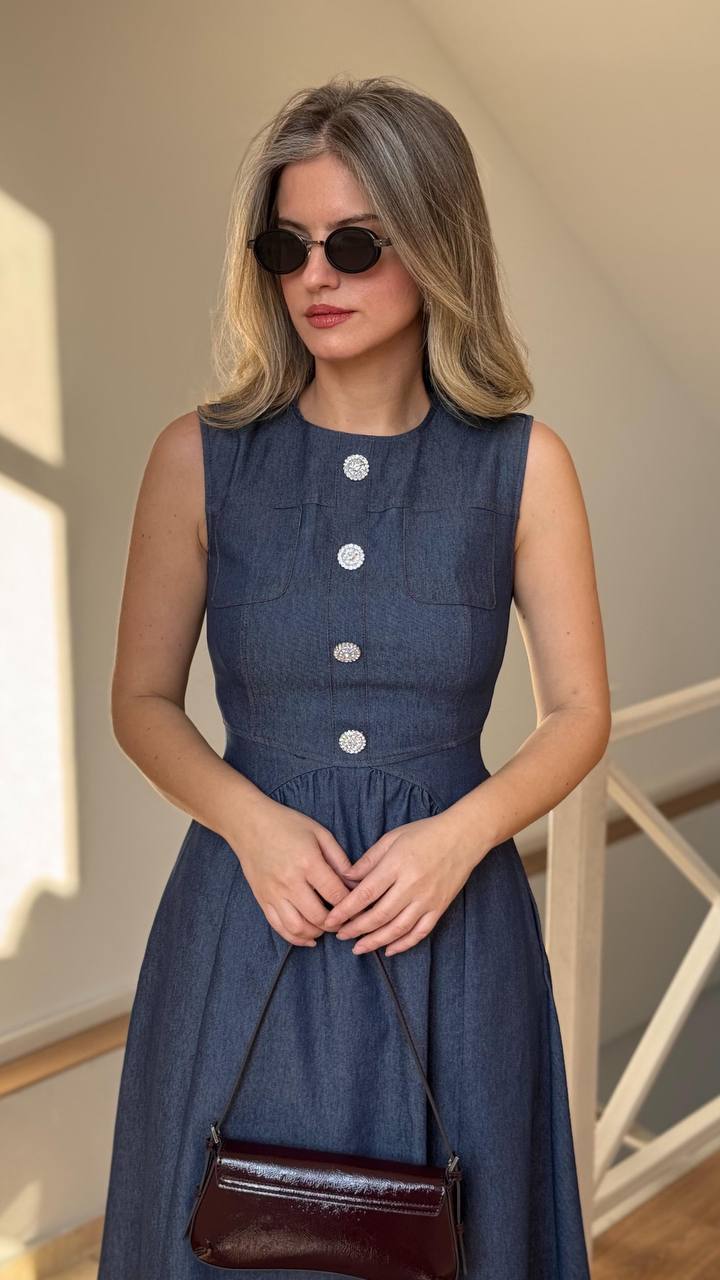 Sleeveless Denim Midi Dress with Crystal Buttons - 00155