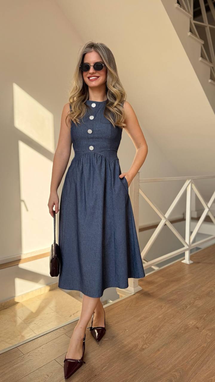 Sleeveless Denim Midi Dress with Crystal Buttons - 00155