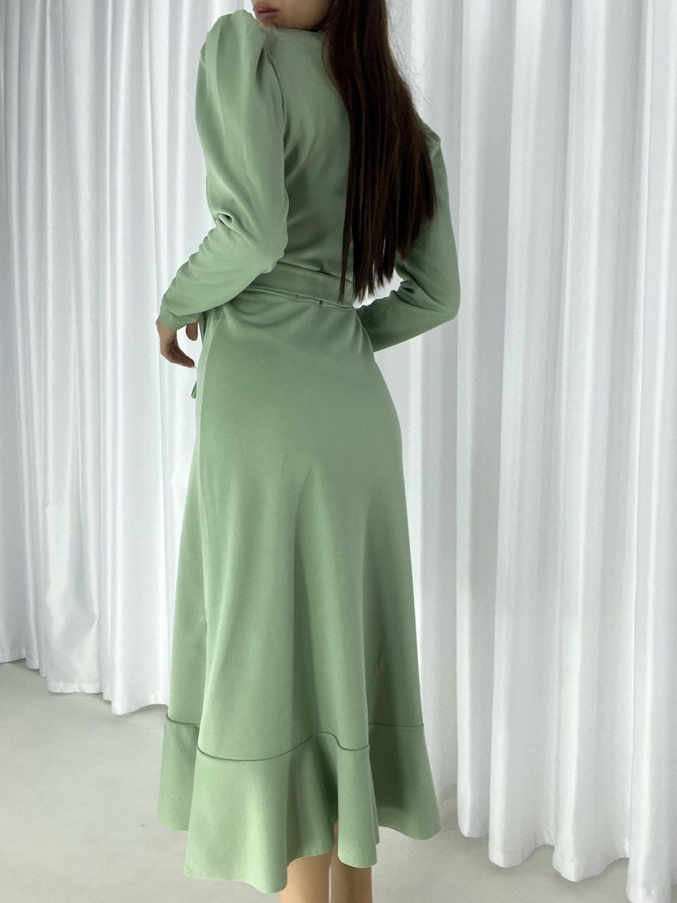 Crepe Fabric Midi Length Belted Long Sleeve Dress - 00023