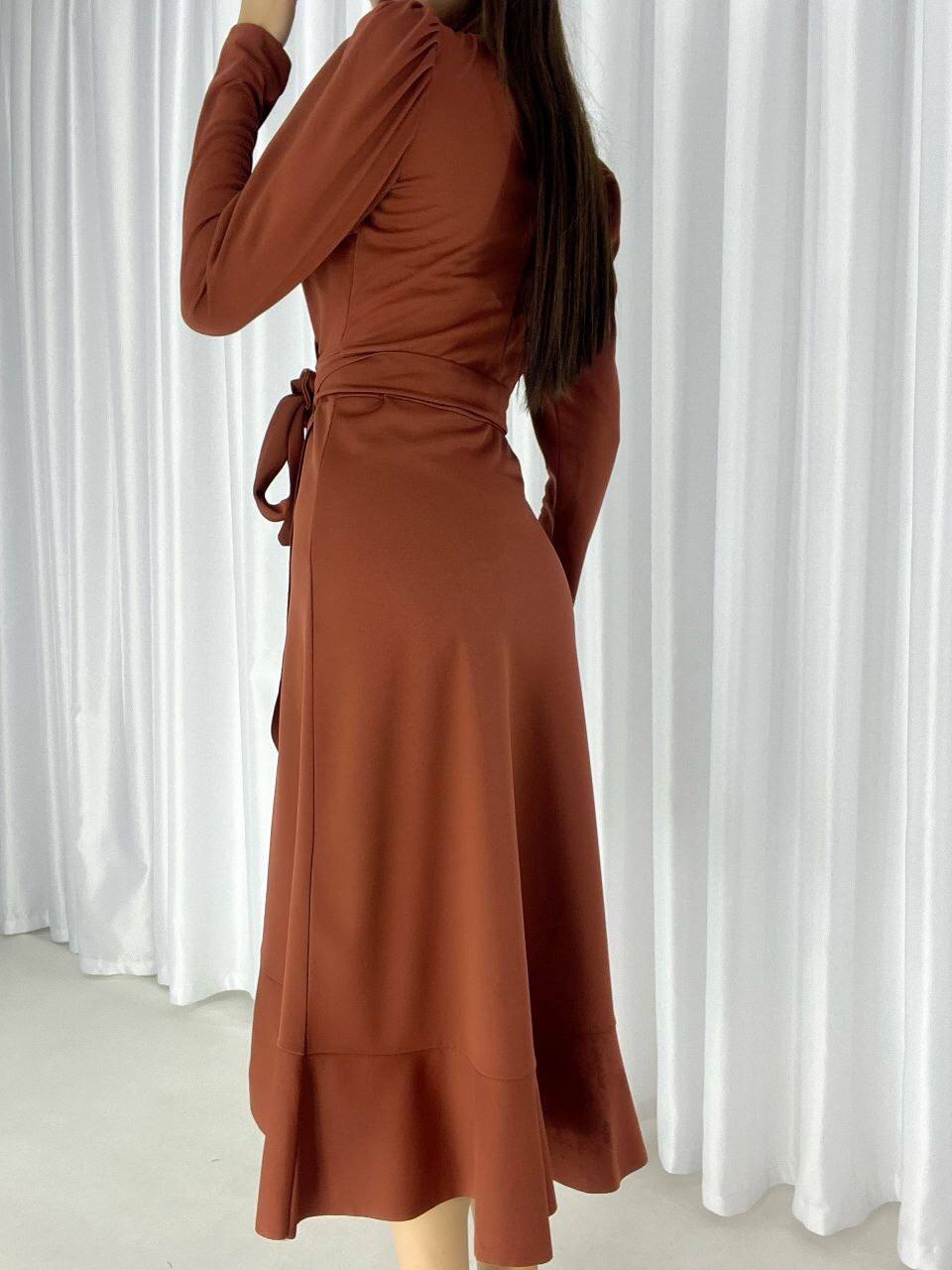 Crepe Fabric Midi Length Belted Long Sleeve Dress - 00023
