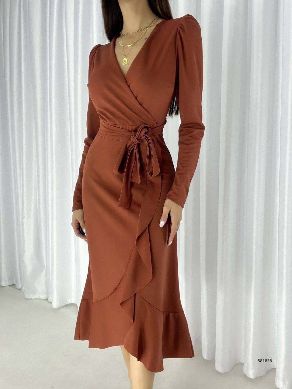 Crepe Fabric Midi Length Belted Long Sleeve Dress - 00023