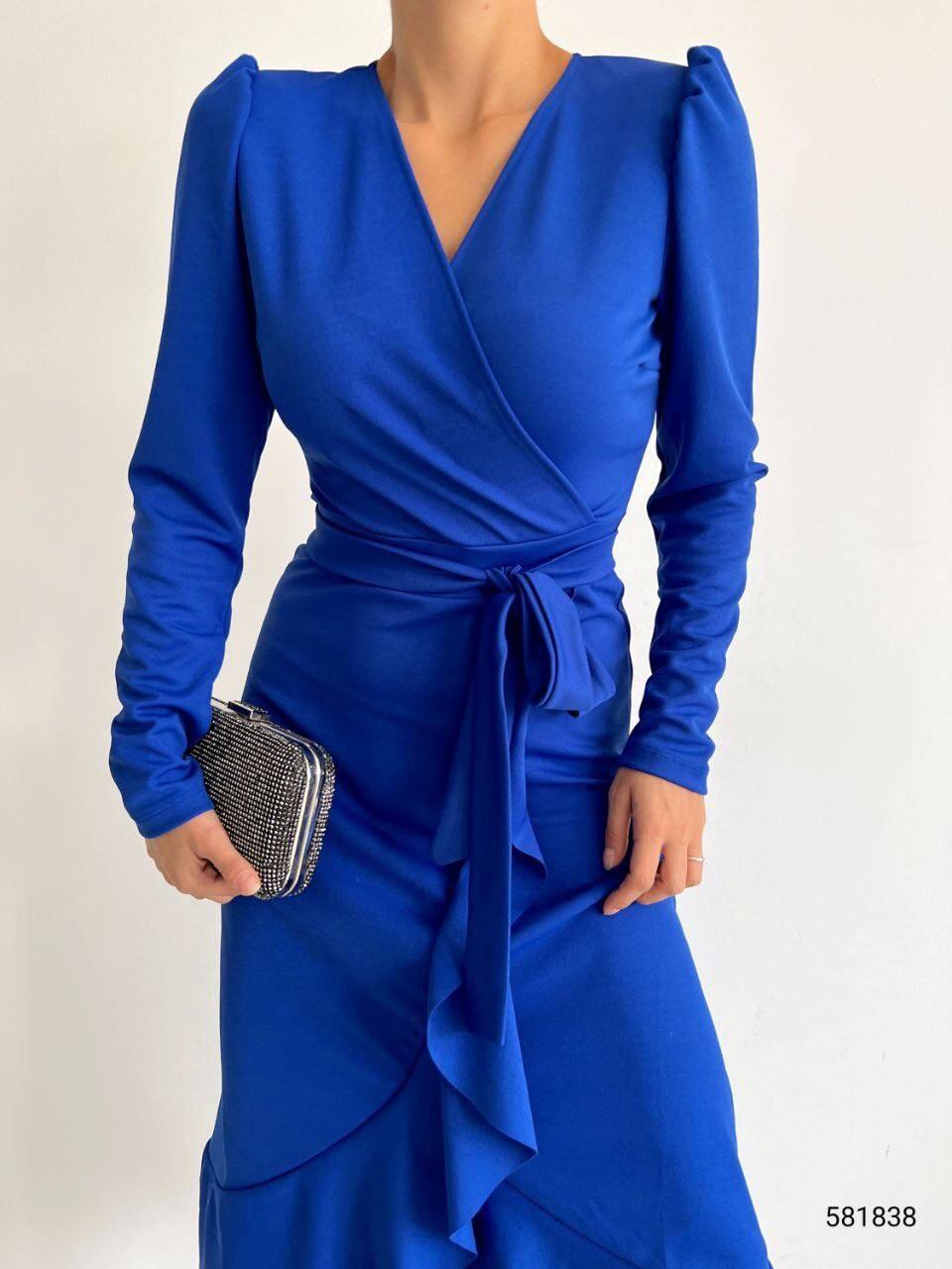 Crepe Fabric Midi Length Belted Long Sleeve Dress - 00023
