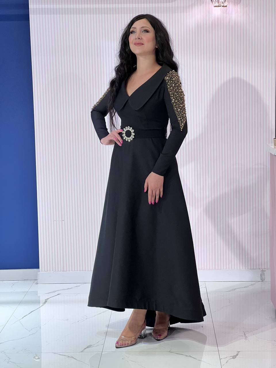 Chic Black Dress with Embellished Sleeves and Elegant Belt - 00036