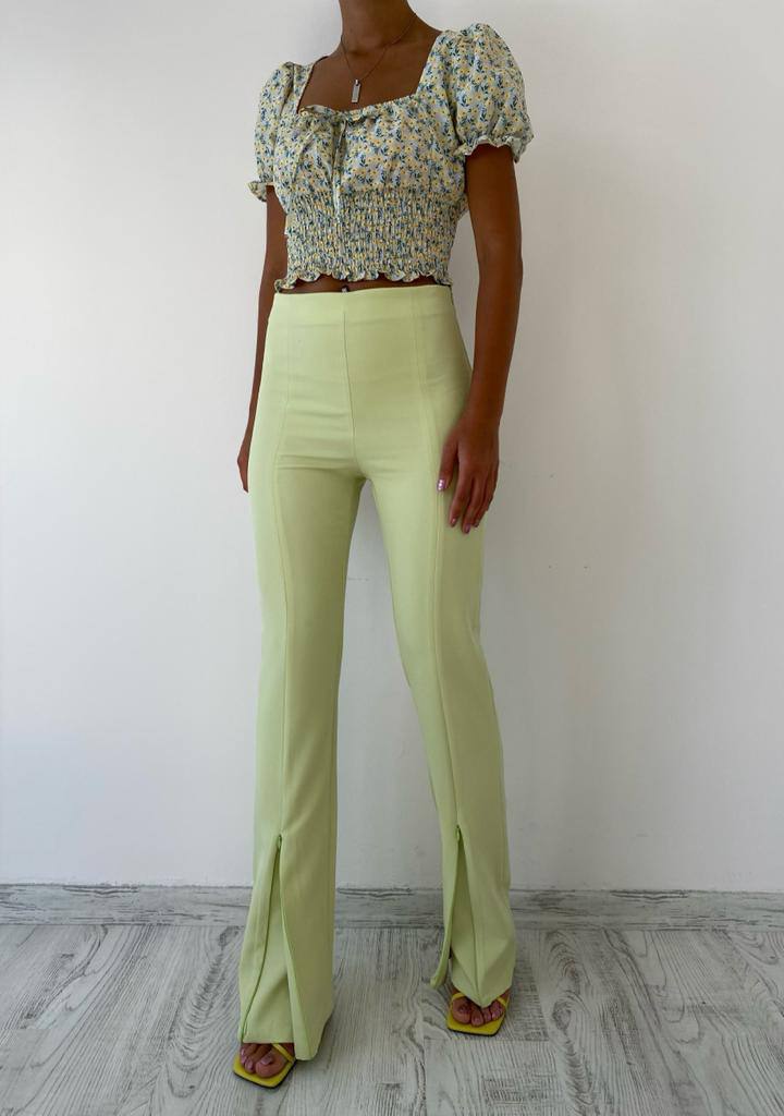 High Waist Front Stitched Slit Spanish Leg Lycra Fabric Pant - P00042