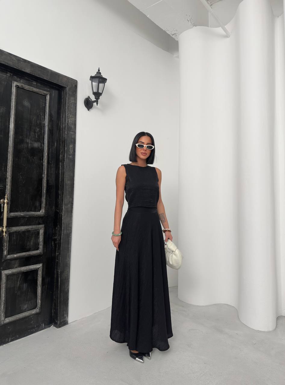 Lurex Modal Fabric Zero Sleeve Round Neck Crop Blouse Flared Skirt Double Suit - TK00049