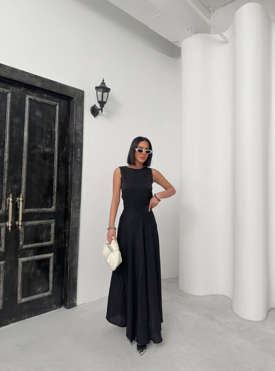 Lurex Modal Fabric Zero Sleeve Round Neck Crop Blouse Flared Skirt Double Suit - TK00049