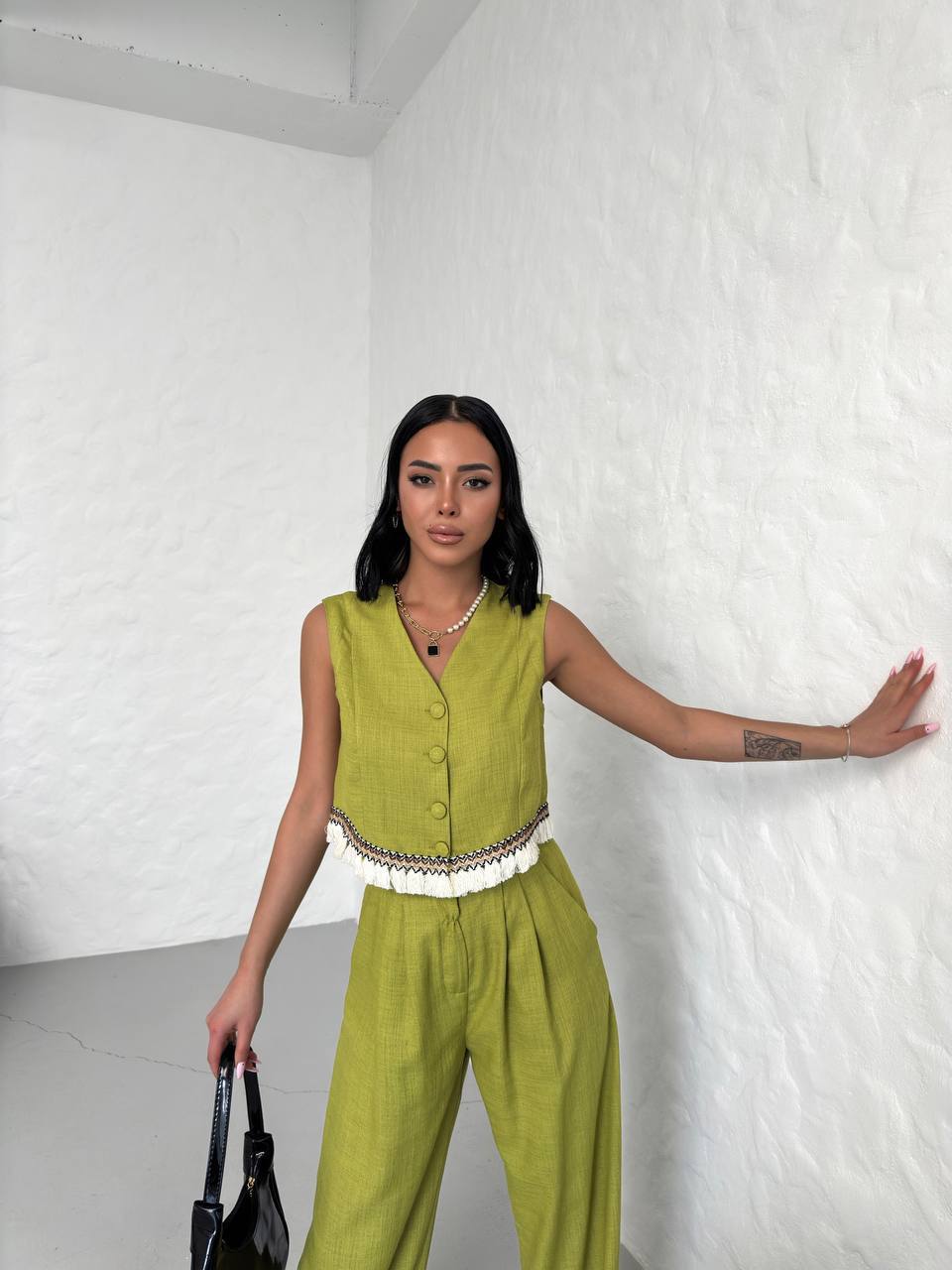 Women's Vest Tassel Detailed Linen Double Suit - TK00055