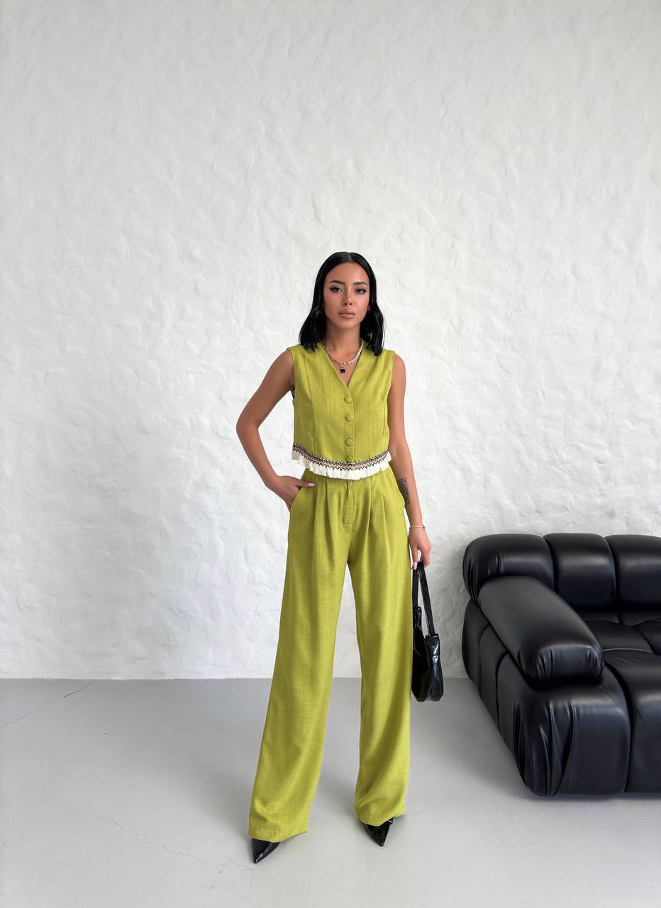 Women's Vest Tassel Detailed Linen Double Suit - TK00055