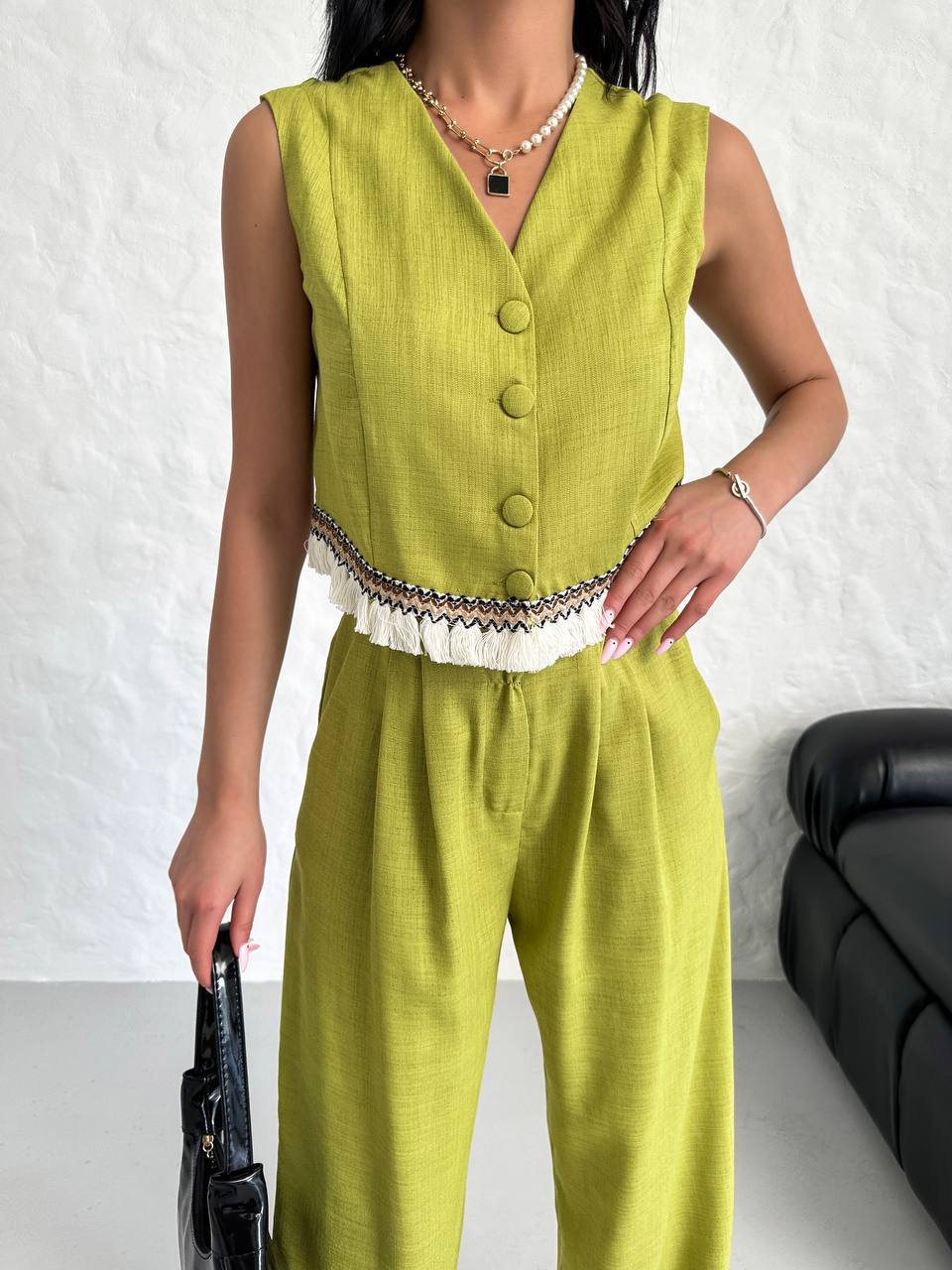 Women's Vest Tassel Detailed Linen Double Suit - TK00055