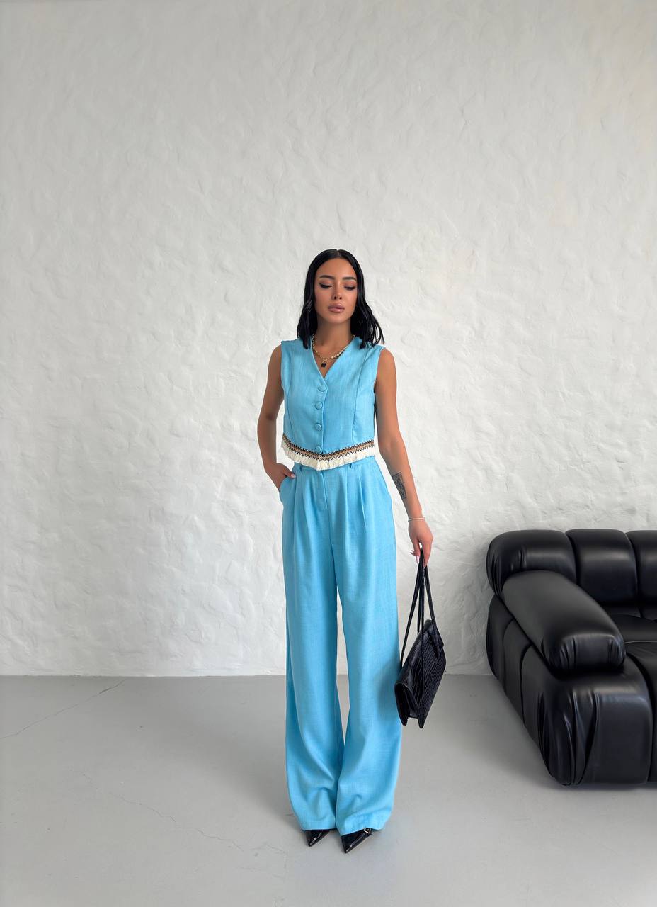 Women's Vest Tassel Detailed Linen Double Suit - TK00055