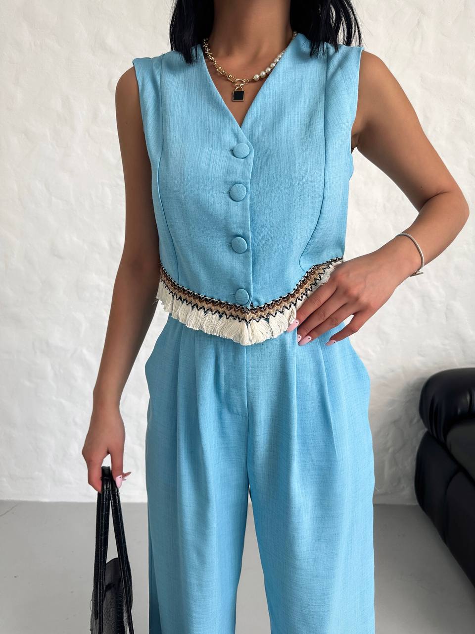 Women's Vest Tassel Detailed Linen Double Suit - TK00055