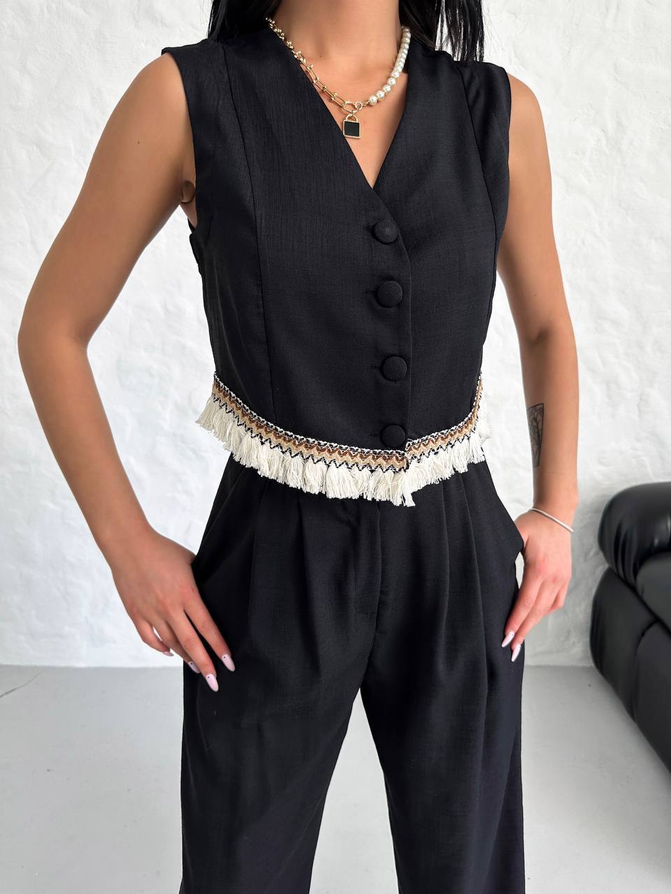 Women's Vest Tassel Detailed Linen Double Suit - TK00055