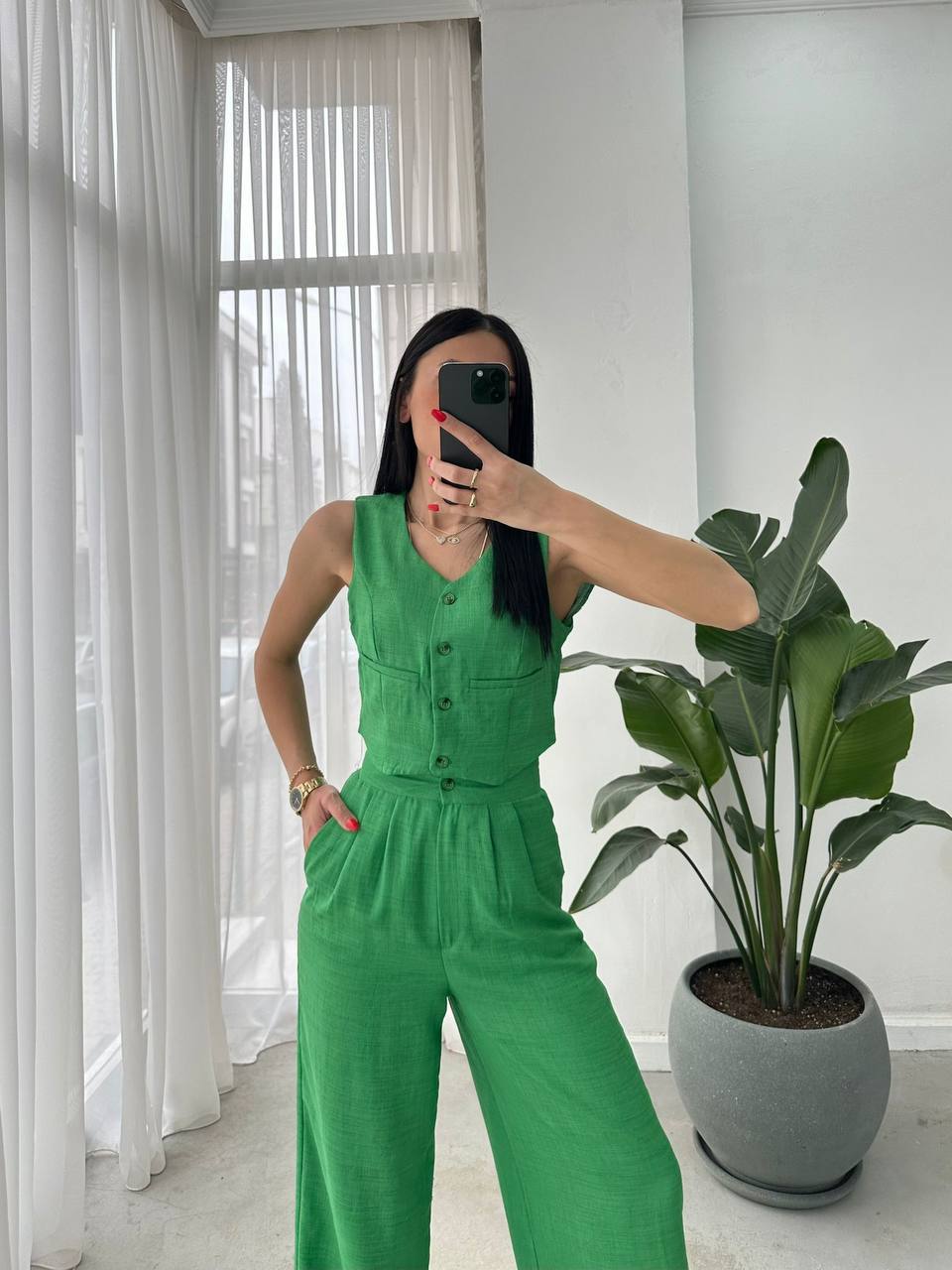 Women Sleeveless Top Long Pants Set Button Closure Wide Leg Summer Sleeveless 2 Piece Outfit Soft Polyester V Neck Casual Outing Outfits - TK00061